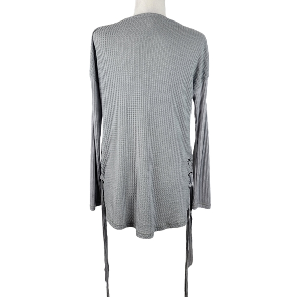 KORI Gray Waffle Knit Top Lace Up Tie Sides Medium - Picture 4 of 6